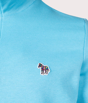 PS Paul Smith Zebra Quarter Zip Sweatshirt in Turquoise. Shot at EQVVS. Detail shot. 