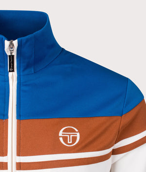 Sergio Tacchini Damarindo Track Top in Nautical Blue/Gardenia/Mocha Bisque. Shot at EQVVS. Detail shot