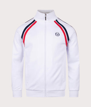 Sergio Tacchini Ghibli Tracktop in White/Maritime Blue/Adrenaline Rush. Shot at EQVVS. Front shot