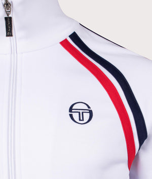 Sergio Tacchini Ghibli Tracktop in White/Maritime Blue/Adrenaline Rush. Shot at EQVVS. Detail shot