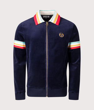 Sergio Tacchini Slice Velour Track Top in Maritime Blue/Gold. Shot at EQVVS. Front shot. 