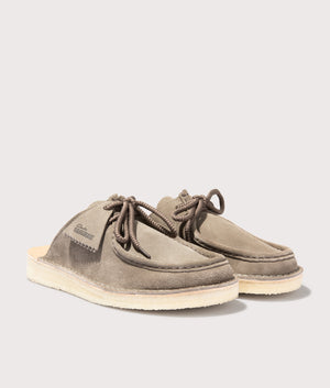 Clarks Originals Desert Nomad Mule in Grey/Sage Suede. Shot at EQVVS.  Front shot. 