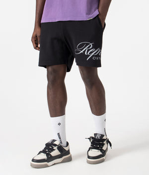 REPRESENT Owners Club Script Mesh Shorts in Black, 100% Cotton. At EQVVS Menswear. Front Angle Model Shot