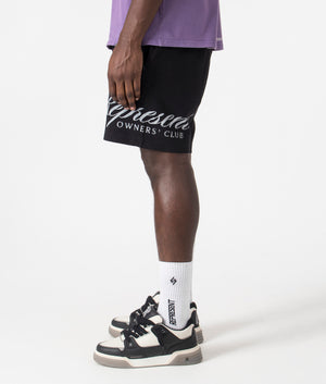 REPRESENT Owners Club Script Mesh Shorts in Black, 100% Cotton. At EQVVS Menswear. Left Side Detail Model Shot