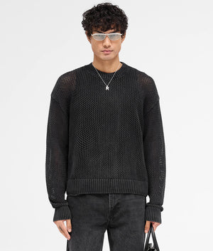 REPRESENT Open Gauge Knit Jumper in Jet Black. Shot at EQVVS. Front shot. 
