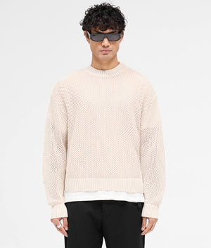 REPRESENT Open Gauge Knit Jumper in Cream Marl. Shot at EQVVS. Front shot. 