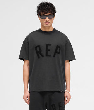 REPRESENT Rep Applique T-Shirt in Off Black. Shot at EQVVS. Front shot. 