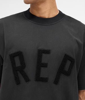 REPRESENT Rep Applique T-Shirt in Off Black. Shot at EQVVS. Detail shot. 