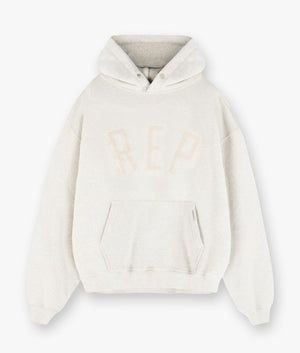 REPRESENT Rep Applique Hoodie in Cream Marl. Shot at EQVVS. Front flat shot. 