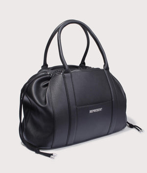 REPRESENT Leather Holdall Bag in Black. Shot at EQVVS.  Angle Shot. 