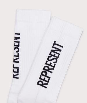 Represent  Represent 2 Pack Logo Socks in White/Black . Shot at EQVVS. Logo shot 