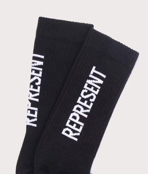 Represent  Represent 2 Pack Logo Socks in Jet Black. Shot at EQVVS. Logo shot 