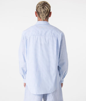 Oversized Striped Dress Shirt in Blue by MKI MIYUKI ZOKU. EQVVS Back Angle Shot.