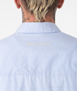 Oversized Striped Dress Shirt in Blue by MKI MIYUKI ZOKU. EQVVS Detail Shot.