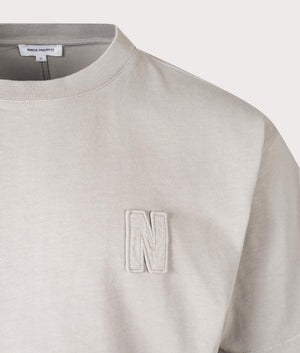 Oversized Simon Heavyweight N Patch T-Shirt in Weather Grey by Norse Projects. EQVVS Menswear Front Detail Shot. 