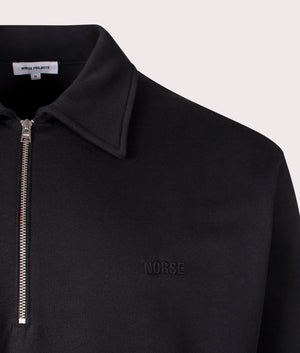 Norse Projects Relaxed Fit Ketel NORSE Logo Quarter Zip Sweatshirt in Black at EQVVS Menswear detail shot