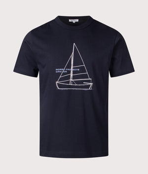 Norse Projects Holger Organic Boat Print T-Shirt in Dark Navy. Shot at EQVVS. Front shot. 