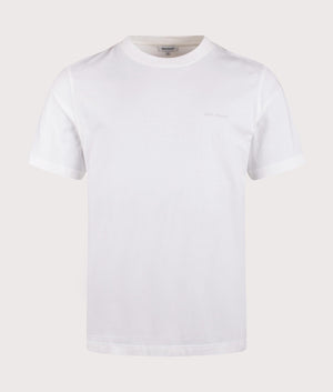 Norse Projects Johannes Organic NORSE Logo Print T-Shirt in White. Shot at EQVVS. Front shot. 