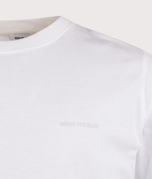 Norse Projects Johannes Organic NORSE Logo Print T-Shirt in White. Shot at EQVVS. Detail shot. 