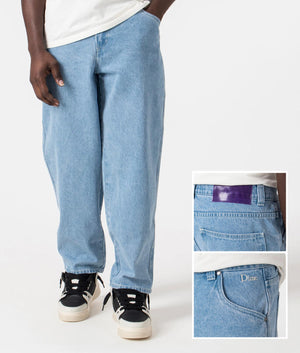 Classic Baggy Denim Pants in Vintage Blue by Dime MTL. EQVVS Front and Detail Shot.