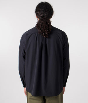 and wander lightweight cloth shirt in black. Shot at EQVVS. Reverse shot. 