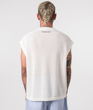 Oversized Loose Gauge Vest in Off White by MKI MIYUKI ZOKU. EQVVS Back Model Shot.