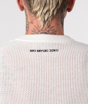 Oversized Loose Gauge Vest in Off White by MKI MIYUKI ZOKU. EQVVS Model Detail Shot.