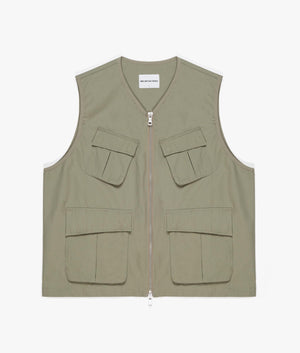 Oversized Ripstop Cargo Vest in Sage Green by MKI MIYUI ZOKU. EQVVS Front Flat Shot. 