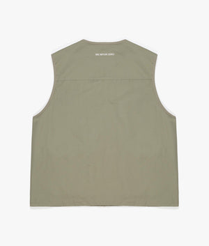 Oversized Ripstop Cargo Vest in Sage Green by MKI MIYUI ZOKU. EQVVS Back Flat Shot.