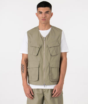 MKI Oversized Ripstop Cargo Vest in Sage Green. Front angle model shot at EQVVS.