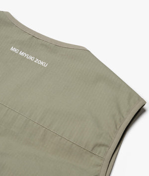 Oversized Ripstop Cargo Vest in Sage Green by MKI MIYUI ZOKU. EQVVS Detail Shot.