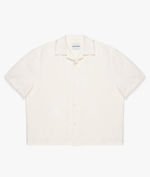 Oversized Seersucker Vacation Shirt in Off White by MKI MIYUKI ZOKU. EQVVS Flat Front Shot. 