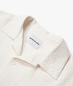 Oversized Seersucker Vacation Shirt in Off White by MKI MIYUKI ZOKU. EQVVS Flat Detail Shot.