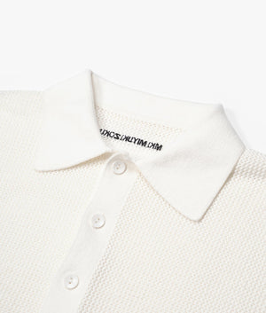 Oversized Loose Gauge Polo Shirt in Off White by MKI MIYUKI ZOKU. EQVVS Detail Shot.