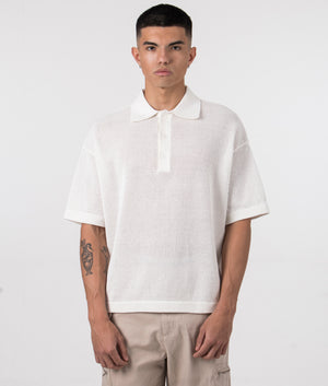 MKI Oversized Loose Gauge Polo Shirt in Off White. Front angle model shot at EQVVS.