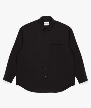 Oversized Seersucker Dress Shirt in Black by MKI MIYUKI ZOKU. EQVVS Front Flat Shot.