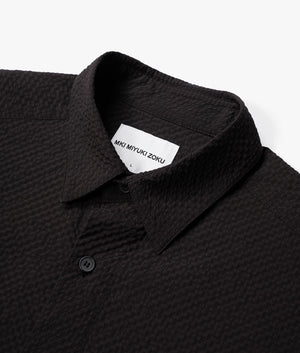 Oversized Seersucker Dress Shirt in Black by MKI MIYUKI ZOKU. EQVVS Detail Shot.