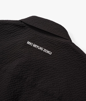 Oversized Seersucker Dress Shirt in Black by MKI MIYUKI ZOKU. EQVVS Detail Shot.