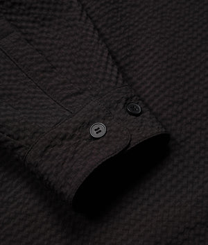 Oversized Seersucker Dress Shirt in Black by MKI MIYUKI ZOKU. EQVVS Detail Shot.