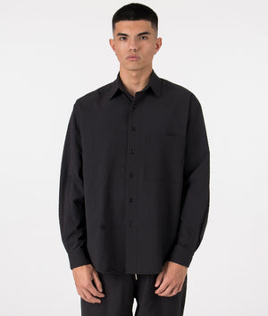 MKI Oversized Seersucker Dress Shirt in Black. Front angle model shot at EQVVS.