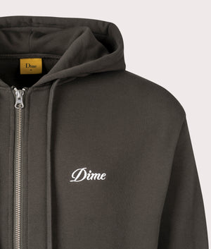 Cursive Small Logo Zip Through Hoodie in Vintage Black by Dime MTL. EQVVS Detail Shot.