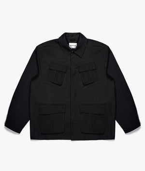 Oversized Ripstop Cargo Jacket in Black by MKI MIYUI ZOKU. EQVVS Front Flat Shot.