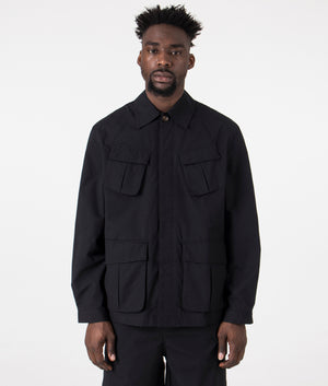 MKI Oversized Ripstop Cargo Jacket in Black. Front angle model shot at EQVVS.