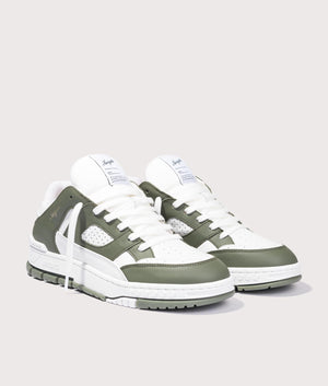 Area Lo Sneakers in White and Dark Green by Axel Arigato at EQVVS. Side Pair Shot. 