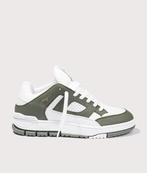 Area Lo Sneakers in White and Dark Green by Axel Arigato at EQVVS. Side Angle Shot. 