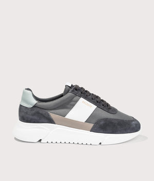 Genesis Vintage Runners in Dark Grey and Light Blue by Axel Arigato at EQVVS. Side Angle Shot.