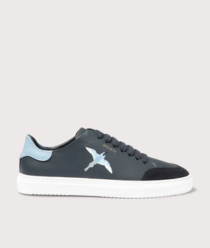 Axel Arigato Clean 90 Triple E-Embroidery Bird Sneakers in Dark Blue/Light Blue. Shot at EQVVS.  Side shot. 