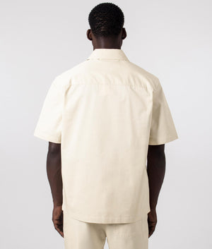 Axel Arigato Stitch Embroidered Short Sleeve Shirt in Pale Beige. Shot at EQVVS. Back shot. 