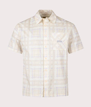 Short Sleeve Resort Plaid Shirt in Cream Multi by Dime MTL. EQVVS Front Angle Shot.