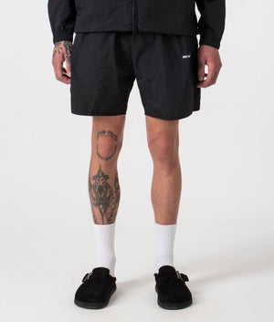 Relaxed Fit Crinkle Nylon Track Shorts in Black by MKI MIYUKI ZOKU. EQVVS Front Angle Shot.